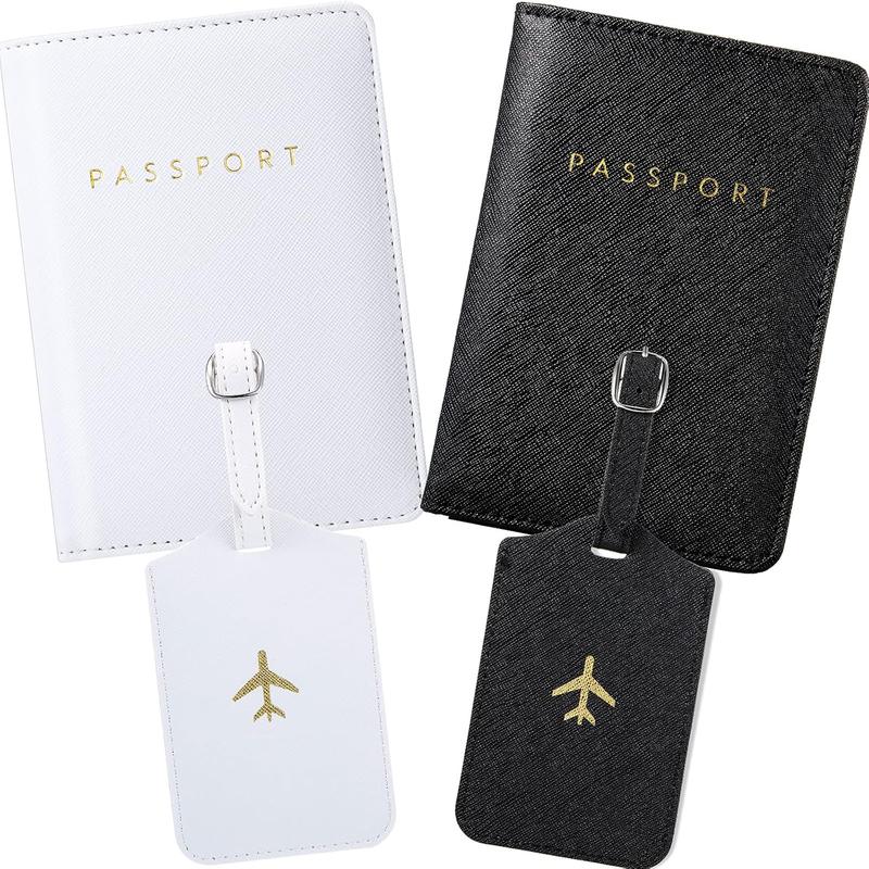 2 count unisex Passport Covers and 2 count Luggage Tags, Passport Holder Travel Suitcase Tag (White, Black)