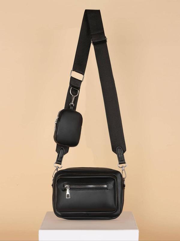 Men's Casual Plain Pu Leather Zipper Shoulder Bag, Daily Travel Simple Versatile Crossbody Bag, with Small Bag for Keys