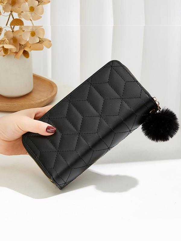 Women's Plaid Pattern Double Layer Zipper Quilted Long Wallet, Fashionable Pom Pom Decorated Pu Leather Card Holder, Large Capacity Coin Purse with Wristlet for Daily Used