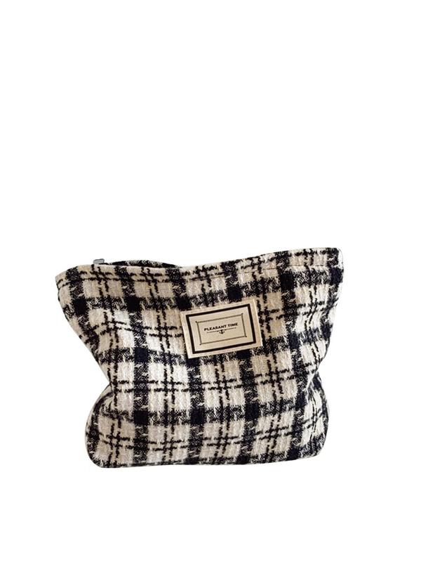 Fashionable Plaid Print & Letter Patch Decor Makeup Bag, Large Capacity Cosmetic Storage Bag, Portable Handbag For Women & Girls