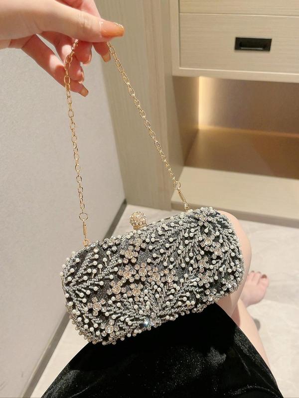 Women's Elegant Flower Decor Rhinestone Decor Evening Bag, Fashion Elegant Versatile Clutch Purse, Gorgeous Shoulder Bag With Chain Strap