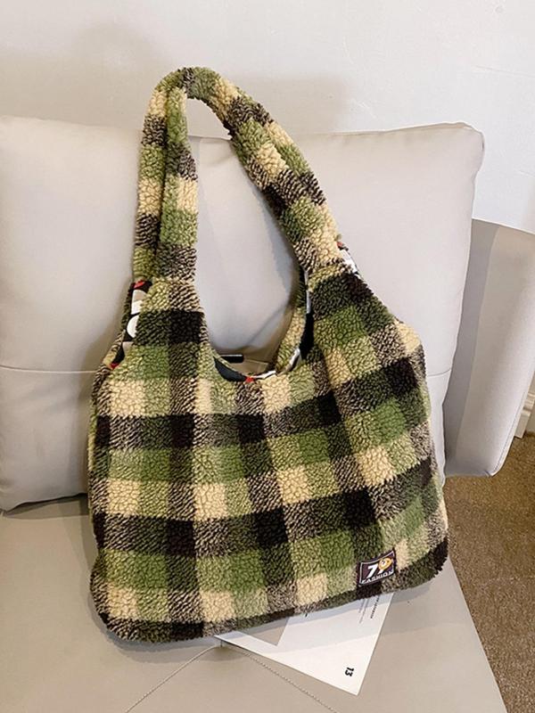 Women's Colorblock Plaid Pattern Tote Bag, Large Capacity Shoulder Bag, Retro Y2K Stylish Tote Bag for Women & Girls