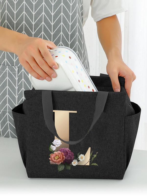 Large Capacity Letter & Floral Pattern Lunch Bag, Insulated Lunch Box Storage Handbag, Portable Lunch Bag for Travel, School, Office, Picnic, Camping