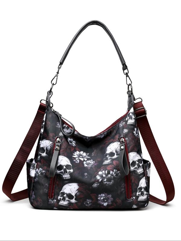 Fashion All Over Skull & Floral Print Tote Bag, Casual Large Capacity Shoulder Bag for Women, Trendy Adjustable Strap Crossbody Bag for Women for Daily Use