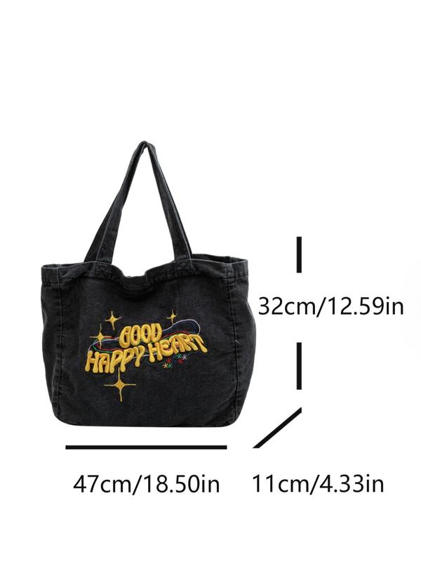 Letter Embroidery Everything Tote Bags for School, Casual Large Shoulder Bag, Trendy Work Bag, Fashionable Plain Tote Bag for Women Summer 2024 Back To School