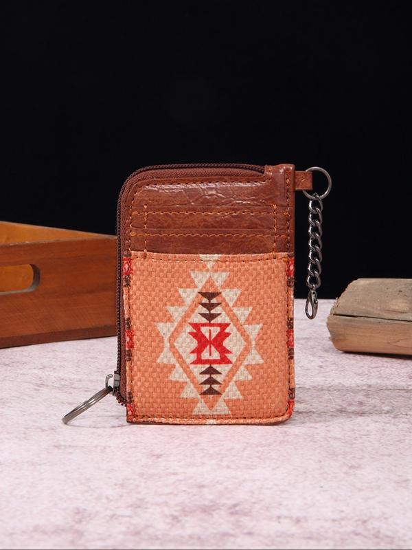 Women's Boho Style Colorful Ethnic Pattern Zip-up Card Holder & Coin Purse, Summer Casual Trendy Short Wallet with Card Slots, Fashionable Vintage Card Holder for Daily Use, Geometric Pattern Handbag