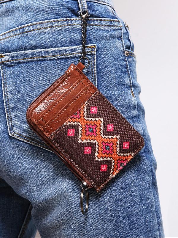 Women's Boho Style Colorful Ethnic Pattern Zip-up Card Holder & Coin Purse, Summer Casual Trendy Short Wallet with Card Slots, Fashionable Vintage Card Holder for Daily Use, Geometric Pattern Handbag