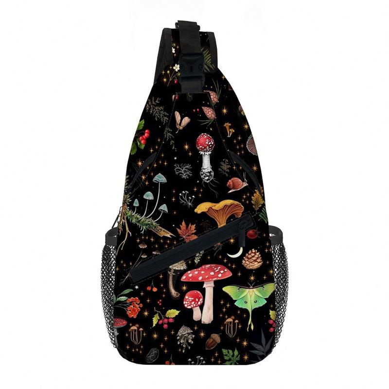 Mushroom & Butterfly Pattern Sling Bag, Crossbody Bag, Shoulder Bag, Chest Bag, Travel Hiking Daypack, Unisex College Bag Hot Sale Fathers Day Gifts Summer