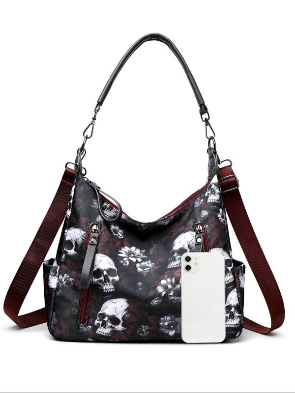 Fashion All Over Skull & Floral Print Tote Bag, Casual Large Capacity Shoulder Bag for Women, Trendy Adjustable Strap Crossbody Bag for Women for Daily Use