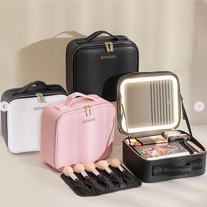 Behaesty Makeup case with LED Mirror multiple color travel makeup bag with Mirror lighted of 3-colour LED Lighted with Adjustable Dividers