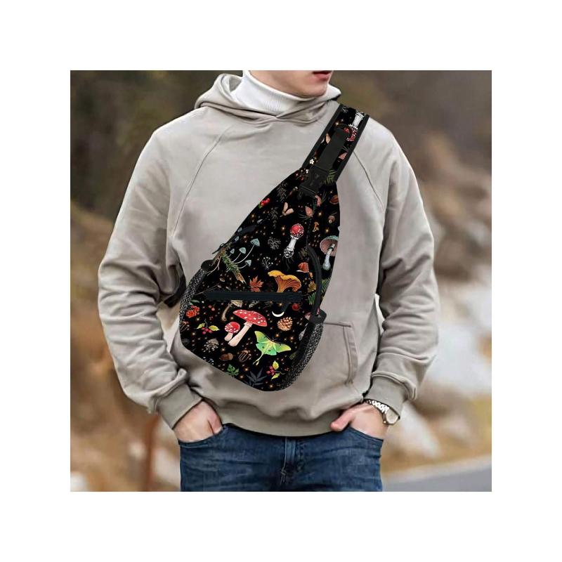 Mushroom & Butterfly Pattern Sling Bag, Crossbody Bag, Shoulder Bag, Chest Bag, Travel Hiking Daypack, Unisex College Bag Hot Sale Fathers Day Gifts Summer