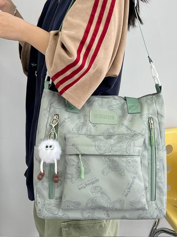 Women's Cartoon Bear Pattern Backpack & Shoulder Bag Set, with Cute Bag Charm, Versatile Letters Patched School Bag Set, Trendy Daily Commuting Bag Set