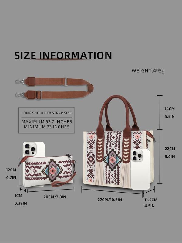 Boho Style Ethnic Pattern Tassel Decorated Bag Set, Large Capacity Designer Tote Bag & Coin Purse, Vintage Style Bag Set for Women