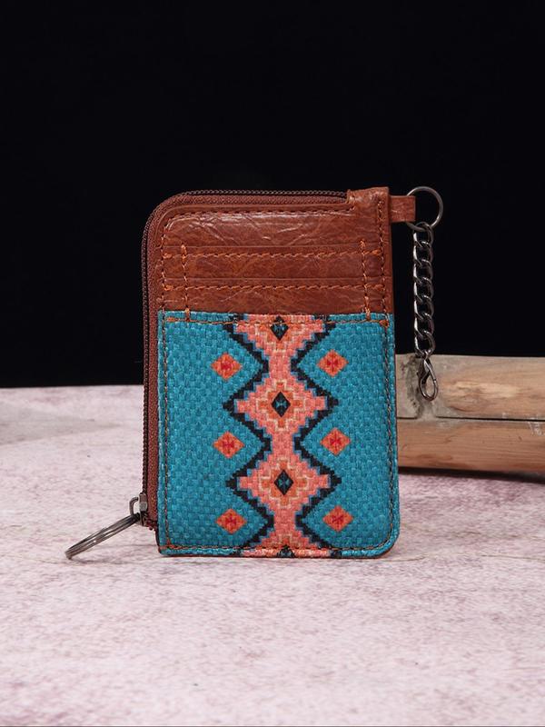 Women's Boho Style Colorful Ethnic Pattern Zip-up Card Holder & Coin Purse, Summer Casual Trendy Short Wallet with Card Slots, Fashionable Vintage Card Holder for Daily Use, Geometric Pattern Handbag