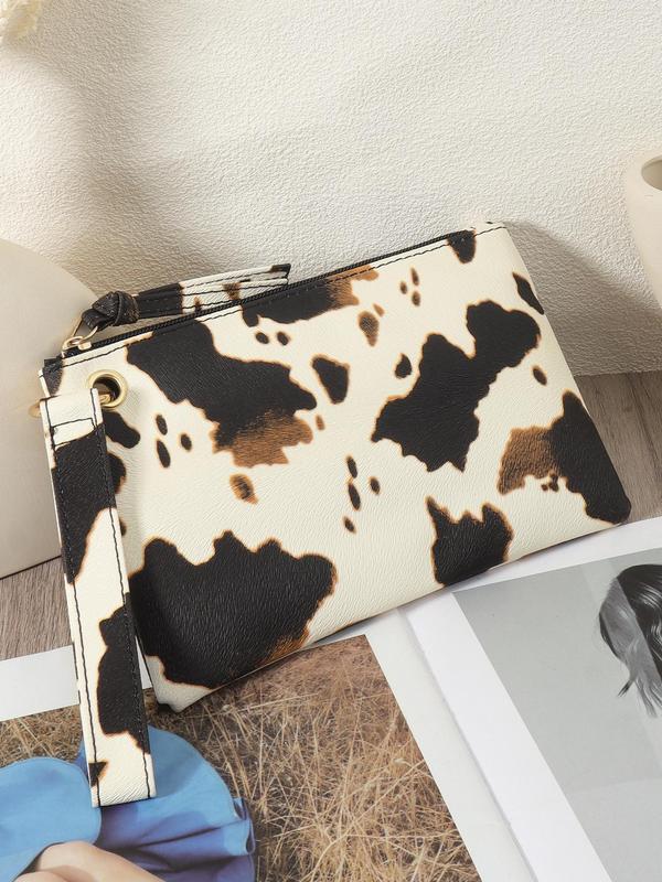 Women's Fashion Cow Pattern Zipper Wristlet, Casual PU Leather Clutch Purse for Daily Used, Trendy All-match Bag