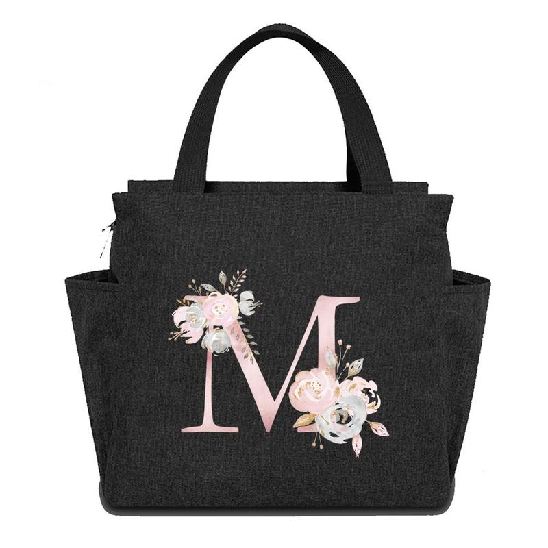 Initials Letter & Flower Pattern Lunch Bag, 1 Count Large Capacity Insulated Lunch Bag, Leak-proof Lunch Box Bag for Work, School, Picnics, Outdoor Activities