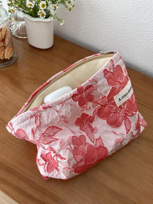 Fashion Letter Patched Design Floral Pattern Makeup Bag, Casual Large Capacity Cosmetic Storage Bag For Women & Girls, Portable Toiletry Bag For Travel & Daily Used