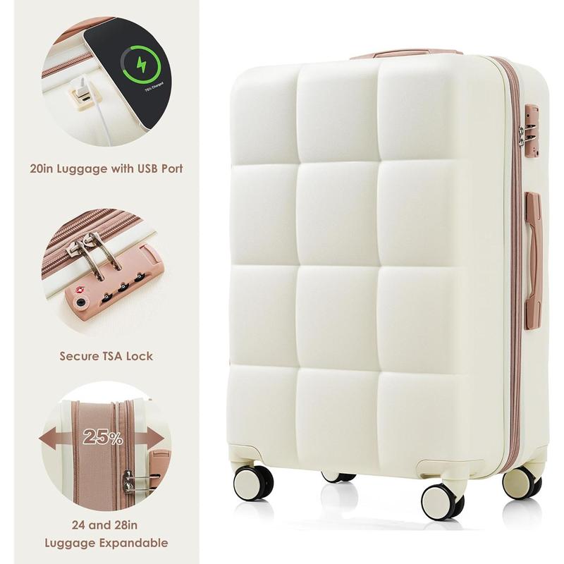 Lusabagyo Fashionable luggage 3 Pcs ABS Hardside Luggage Set Spinner Wheel Suitcase TSA Lock, Brown Ivory, 20 24 28 Inch