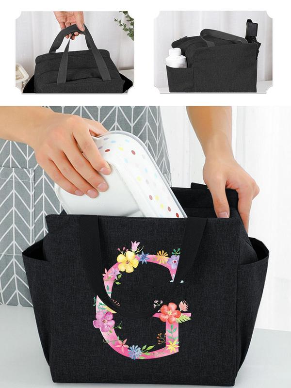 Floral & Letter Print Canvas Handbag with Pocket, Casual Lightweight Lunch Bag, Thermal Food Container, Reusable Letter Printed Canvas Handbag