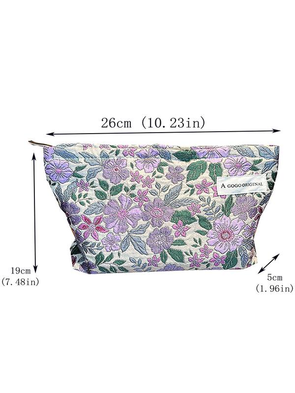 Fashion Letter Patched Design Floral Pattern Makeup Bag, Casual Large Capacity Cosmetic Storage Bag For Women & Girls, Portable Toiletry Bag For Travel & Daily Used