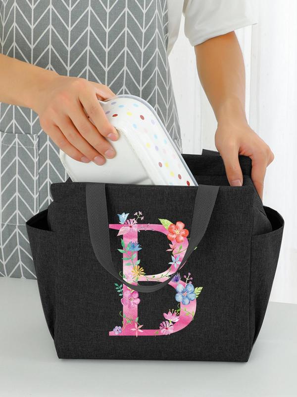 Floral & Letter Print Canvas Handbag with Pocket, Casual Lightweight Lunch Bag, Thermal Food Container, Reusable Letter Printed Canvas Handbag