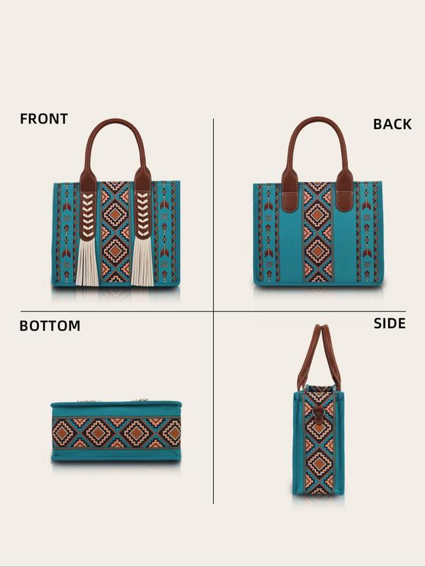 Boho Style Ethnic Pattern Tassel Decorated Bag Set, Large Capacity Designer Tote Bag & Coin Purse, Vintage Style Bag Set for Women