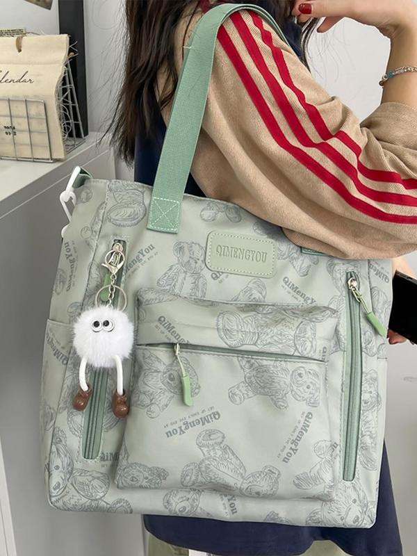 Women's Cartoon Bear Pattern Backpack & Shoulder Bag Set, with Cute Bag Charm, Versatile Letters Patched School Bag Set, Trendy Daily Commuting Bag Set