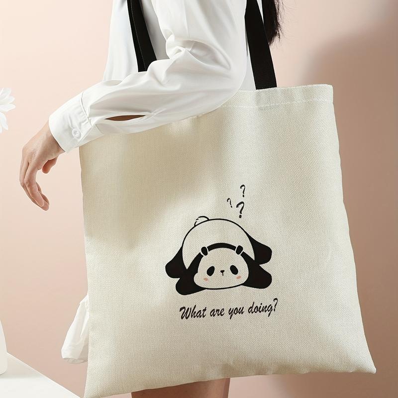 Kawaii Cute Cartoon Printed Handbag, Large Capacity Canvas Shoulder Bag, Women's Casual Reusable Handbag and Shopping Travel Beach Bag plain casual