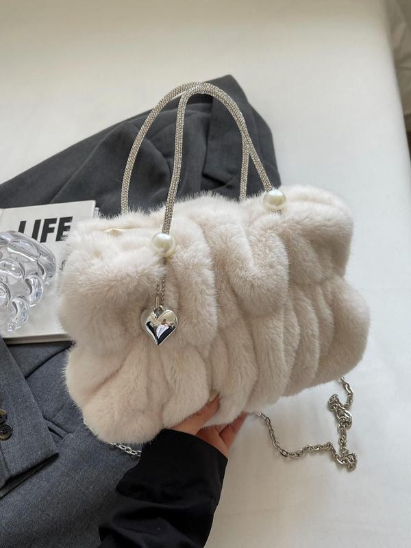 Women's Solid Color Fluffy Ruched Design Shoulder Bag, Fashionable Chain Strap Crossbody Bag for Daily Used, Casual Trendy Versatile High-quality Daily Commuting Bag