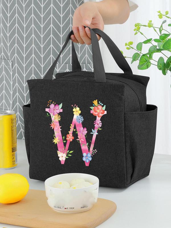 Floral & Letter Print Canvas Handbag with Pocket, Casual Lightweight Lunch Bag, Thermal Food Container, Reusable Letter Printed Canvas Handbag