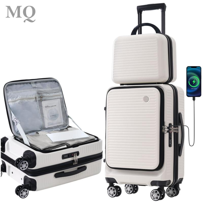 2-Piece Carry On Luggage Set, 20 Inch Front Open Lightweight Suitcase with Front Pocket and USB Port, White and Multiple Colors