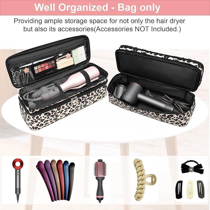 Double-Layer Hair Dryer Volumizer Styler Carrying Case - Water Resistant Travel Organizer for FlexStyle Attachment (Bag Only) - Leopard Print