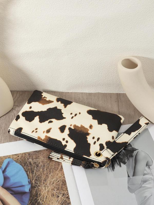 Women's Fashion Cow Pattern Zipper Wristlet, Casual PU Leather Clutch Purse for Daily Used, Trendy All-match Bag