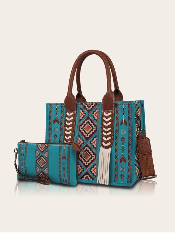 Boho Style Ethnic Pattern Tassel Decorated Bag Set, Large Capacity Designer Tote Bag & Coin Purse, Vintage Style Bag Set for Women