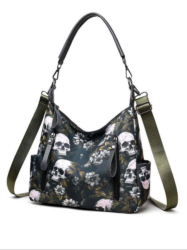 Fashion All Over Skull & Floral Print Tote Bag, Casual Large Capacity Shoulder Bag for Women, Trendy Adjustable Strap Crossbody Bag for Women for Daily Use