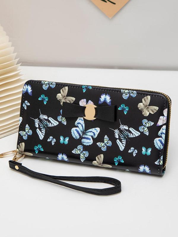 Women's Fashion Butterfly Pattern Long Wallet with Wristband, Casual PU Leather Zipper Wallet for Daily Used, Trendy Versatile High-quality Daily Wallet