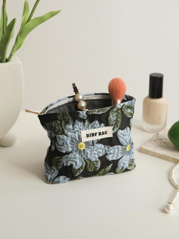 Vintage Floral & Letter Pattern Makeup Bag, Portable Cosmetic Storage Bag, Zipper Makeup Organizer Pouch, Versatile Storage Bag for Skincare, Lotion, Cream, Lip Balm, Eyeliners, Brushes, Stationery