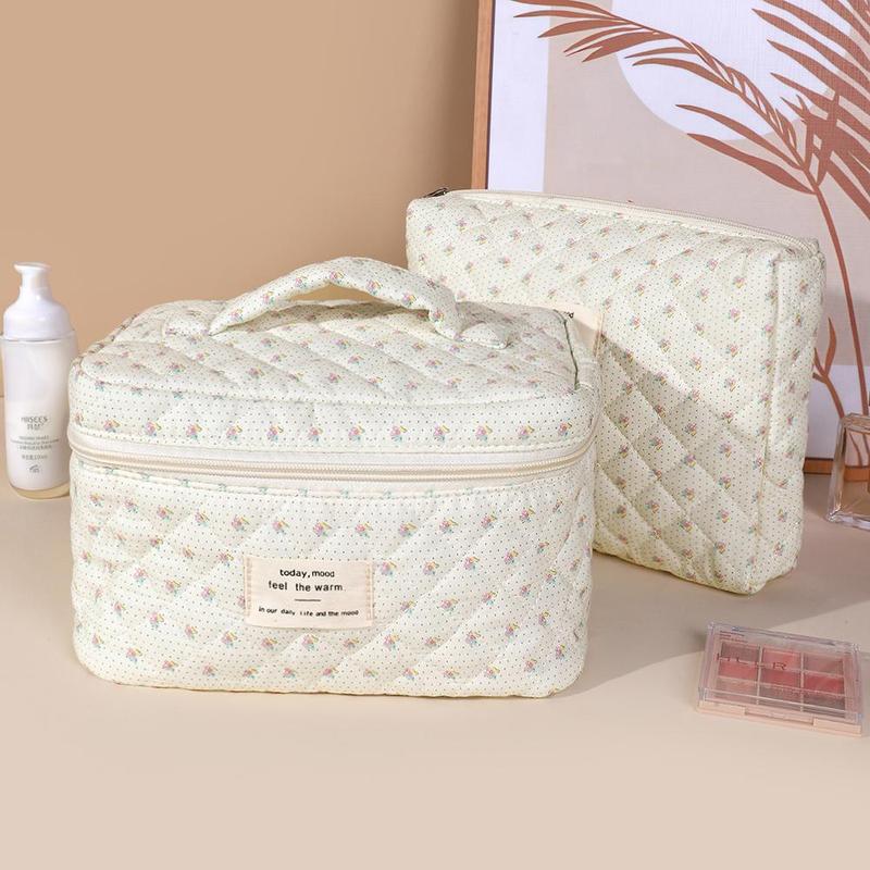 Floral Pattern Quilted Makeup Bag Set, 3 Counts Large Capacity Cosmetic Storage Bag, Zipper Makeup Organizer Bags for Travel