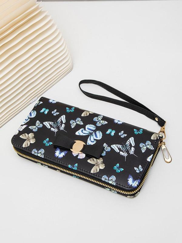 Women's Fashion Butterfly Pattern Long Wallet with Wristband, Casual PU Leather Zipper Wallet for Daily Used, Trendy Versatile High-quality Daily Wallet