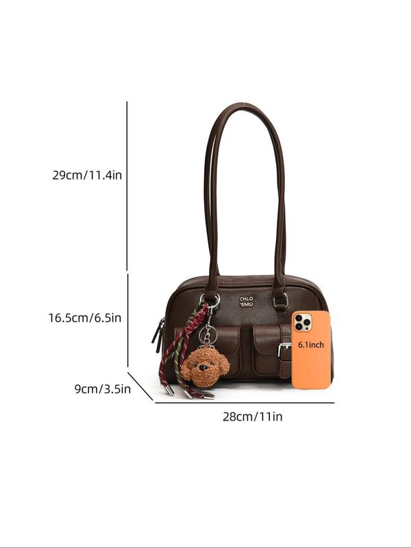 Women's Solid Color Boston Bag, Fashionable PU Leather Shoulder Clutch with Cartoon Dog Bag Charm, Casual Versatile Shoulder Bag for Daily Used