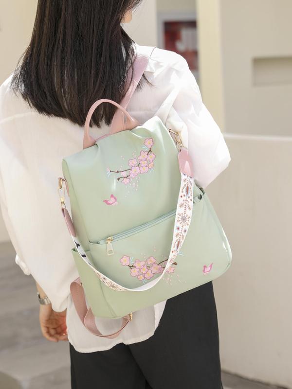 Vintage Floral Embroidered Design Backpack, Fashion Large Capacity Nylon Zipper Shoulder Bag for Women and Girls, Trendy All-match Bag for Daily Used