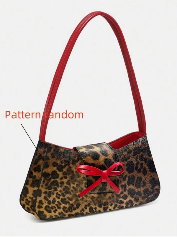 Women's Fashion Leopard Print Bow Decorated Shoulder Bag, Casual Versatile Baguette Bag for Daily Used, Trendy All-match Commuter Bag