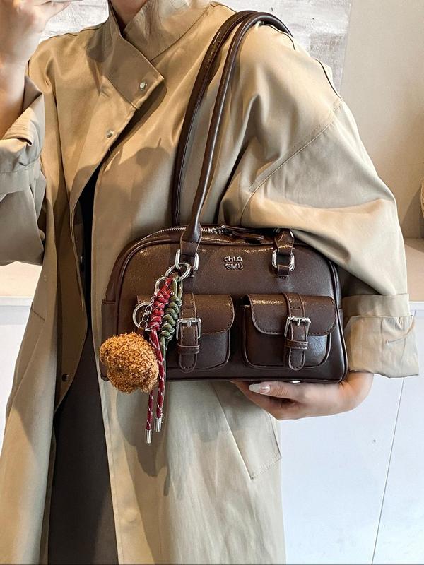 Women's Solid Color Boston Bag, Fashionable PU Leather Shoulder Clutch with Cartoon Dog Bag Charm, Casual Versatile Shoulder Bag for Daily Used