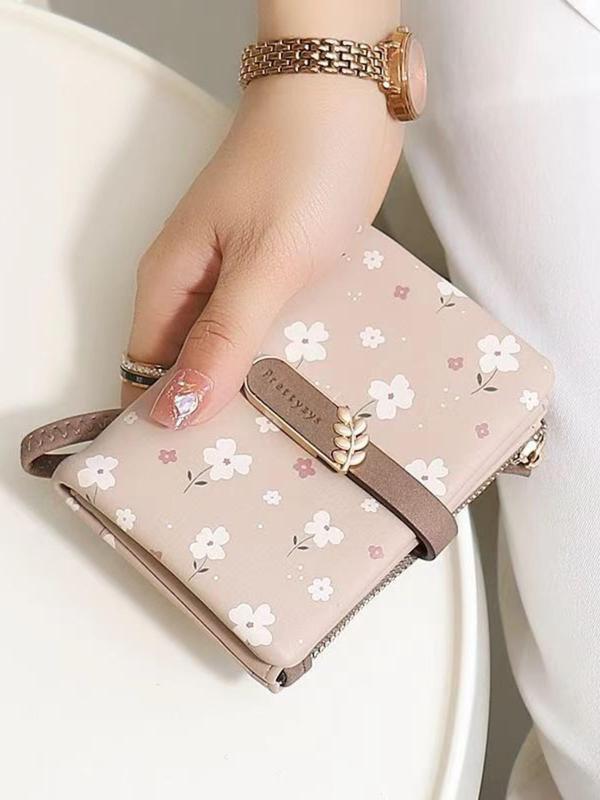 Women's Preppy Style Floral Pattern Short Wallet, Casual Trendy Zipper Short Folding Coin Coin Purse, Versatile Pu Leather Card Slots Coin Purse for Daily Use