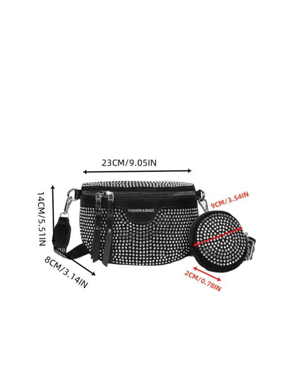 Women's Elegant Rhinestone Decorated Fanny Pack & Coin Purse, Fashionable Zipper Design Chest Bag & Coin Purse, Casual  High-quality Daily Commuting Bag Set