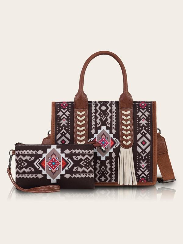 Boho Style Geometric Pattern Tassel Decorated Handbag & Wallet Set, Vintage Style Shoulder Bag Set, Fashionable Bag Set for Women for Daily Travel Work Commute,  Designer Bags