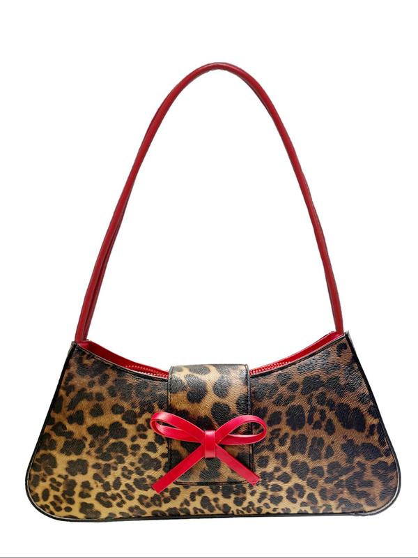 Women's Fashion Leopard Print Bow Decorated Shoulder Bag, Casual Versatile Baguette Bag for Daily Used, Trendy All-match Commuter Bag