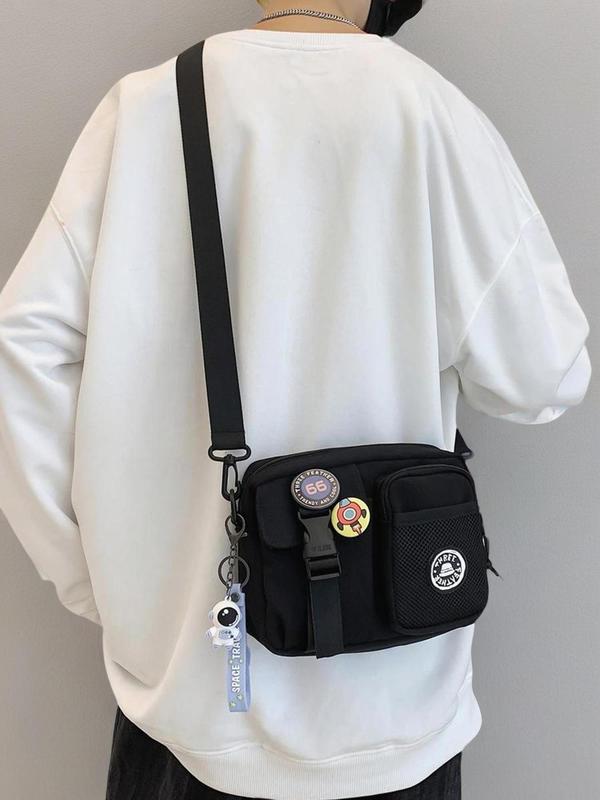 Simple Plain Zipper Crossbody Bag, Multifunctional Sling Bag, Shoulder Bag with Space Astronaut Medal Decoration & Keychain, Designer Crossbody Bags for Men, Schoolbag for Travel, Purses As College Gifts