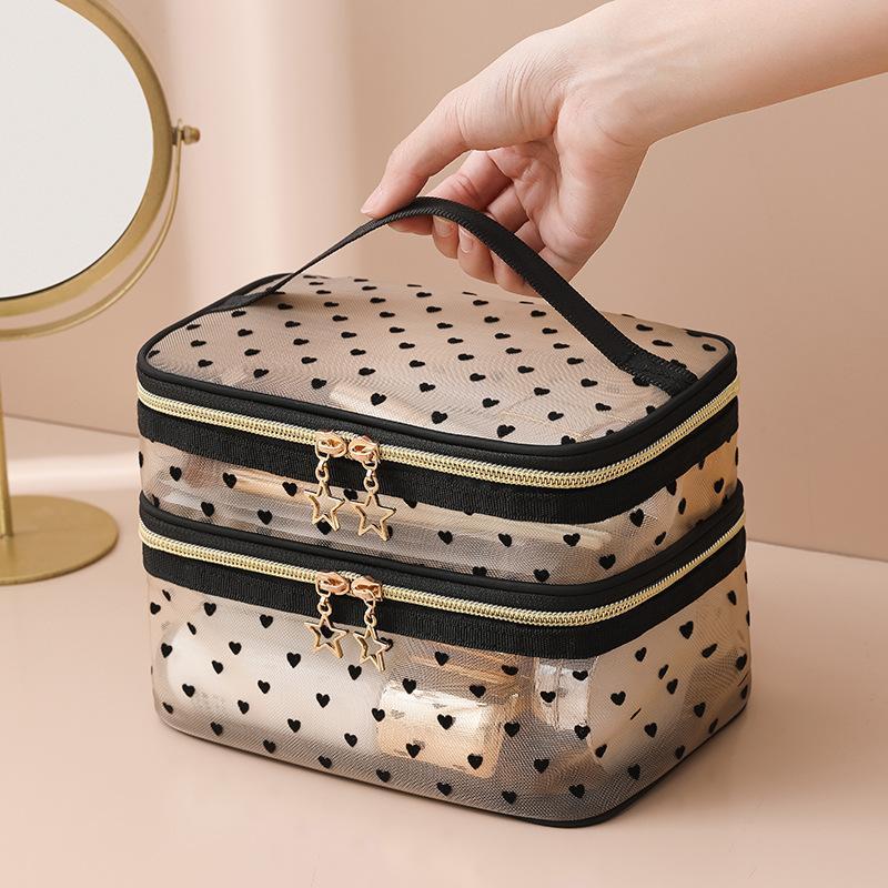 Portable Double-layer Heart Pattern Makeup Bag, 1 Count Large Capacity Travel Cosmetic Storage Bag, Zipper Makeup Organizer Pouch, Christmas Gift