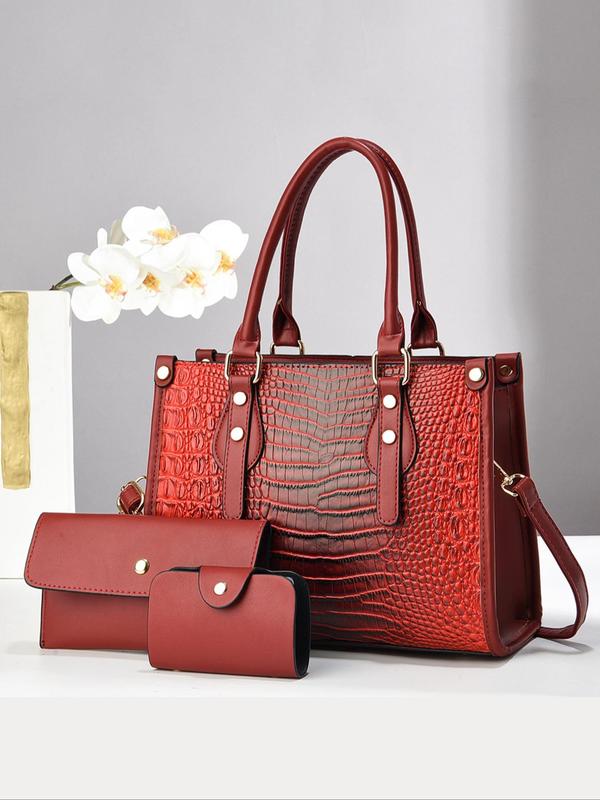 Women's Elegant Crocodile Embossed Handbag & Wristlet & Coin Purse, Fashionable PU Leather Crossbody Bag & Wristlet & Coin Purse, Casual Trendy Versatile High-quality Daily Commuting Bag Set